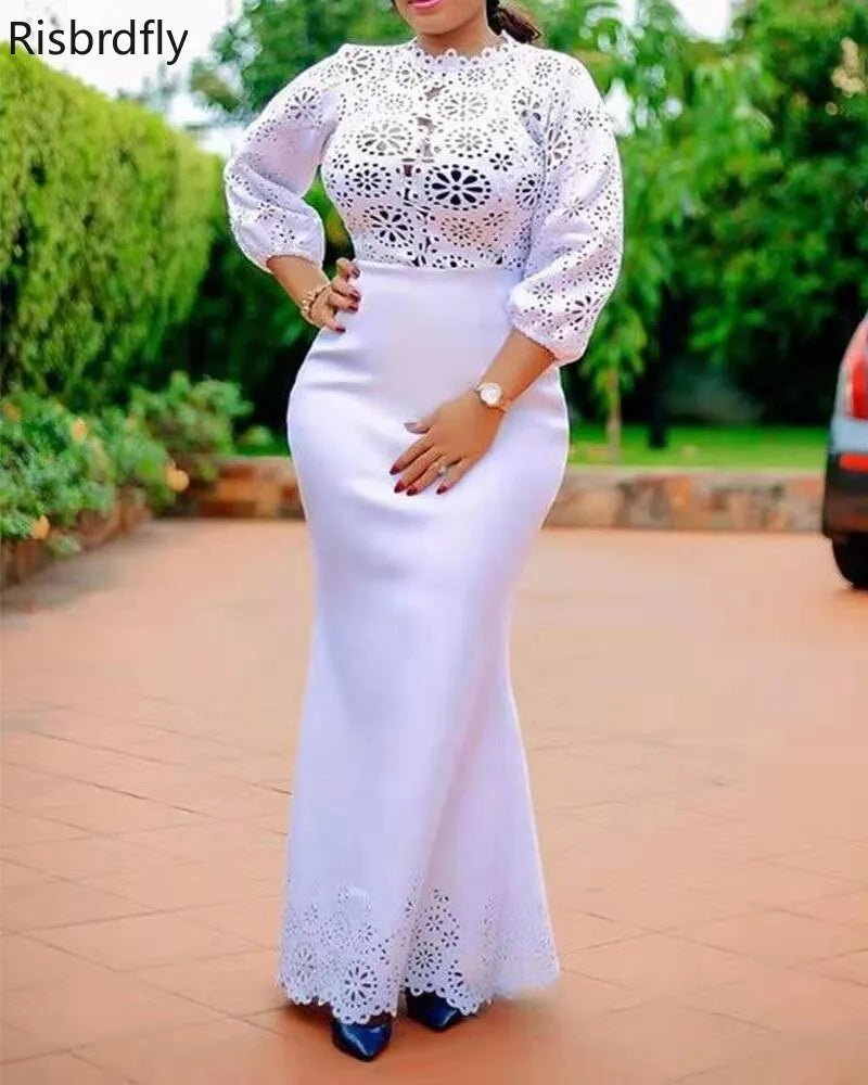 Elegant African Long Sleeve White Dresses: Plus Size Grace and Style - Flexi Africa - Free Delivery at www.flexiafrica.com