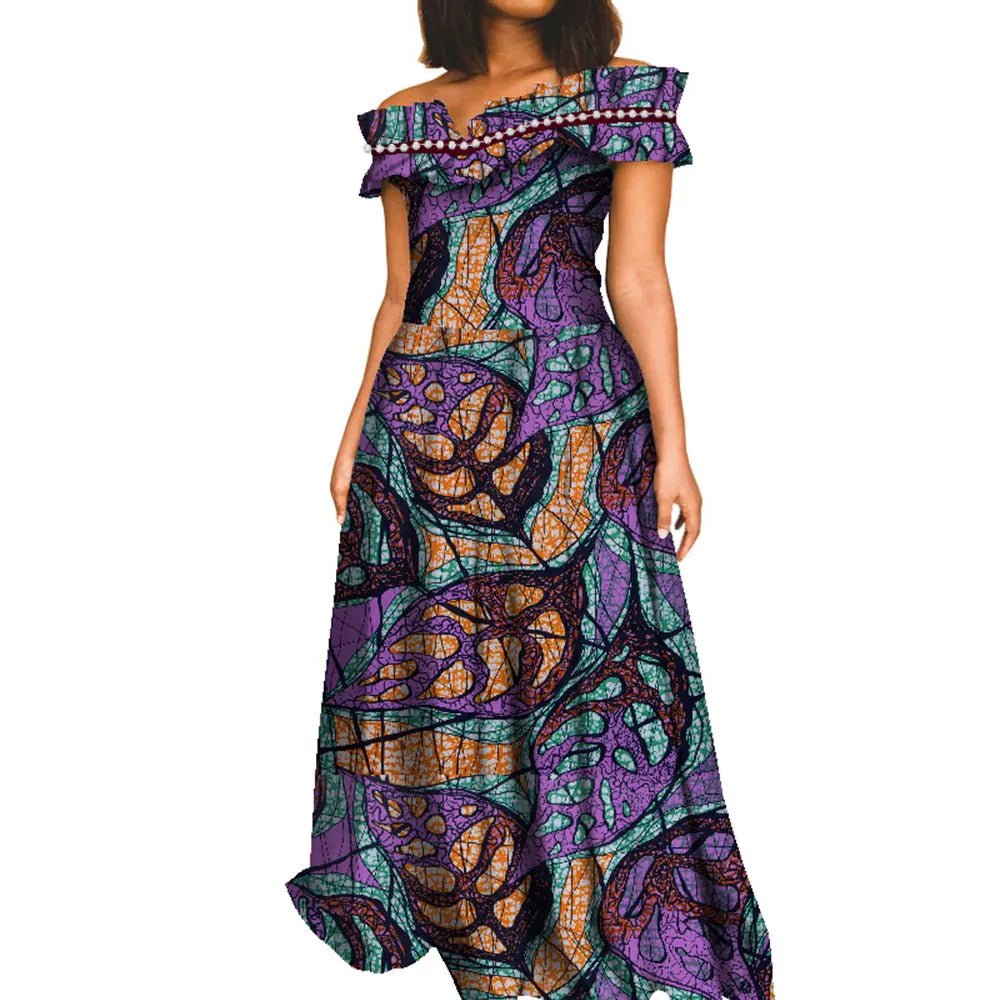 Elegant African Maxi Dress for Women – Slash Neck Print Long Dashiki Gown - Free Delivery Worldwide only at Flexi Africa