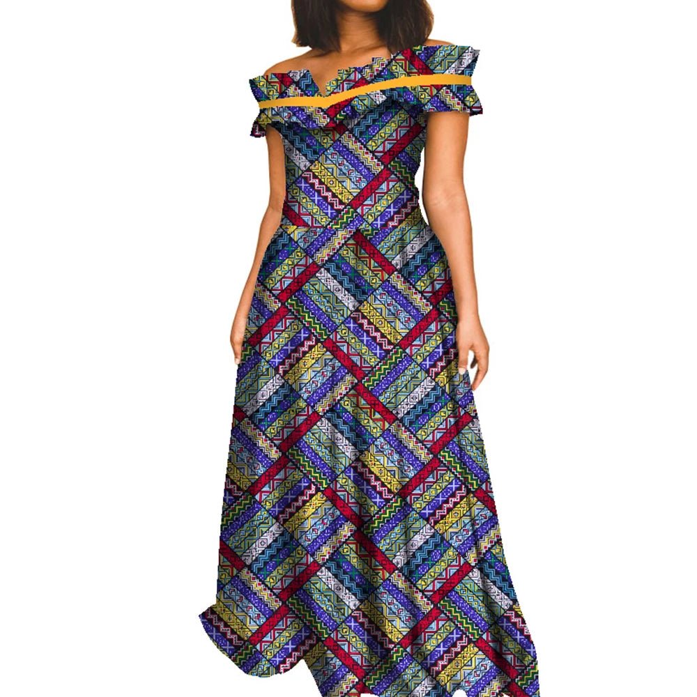 Elegant African Maxi Dress for Women – Slash Neck Print Long Dashiki Gown - Free Delivery Worldwide only at Flexi Africa