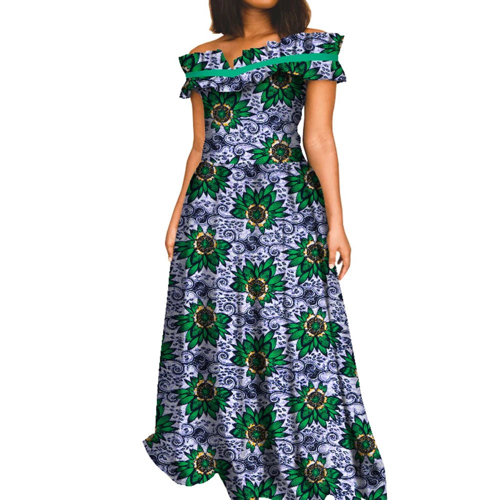 Elegant African Maxi Dress for Women – Slash Neck Print Long Dashiki Gown - Free Delivery Worldwide only at Flexi Africa