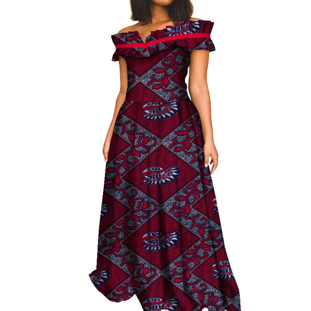 Elegant African Maxi Dress for Women – Slash Neck Print Long Dashiki Gown - Free Delivery Worldwide only at Flexi Africa