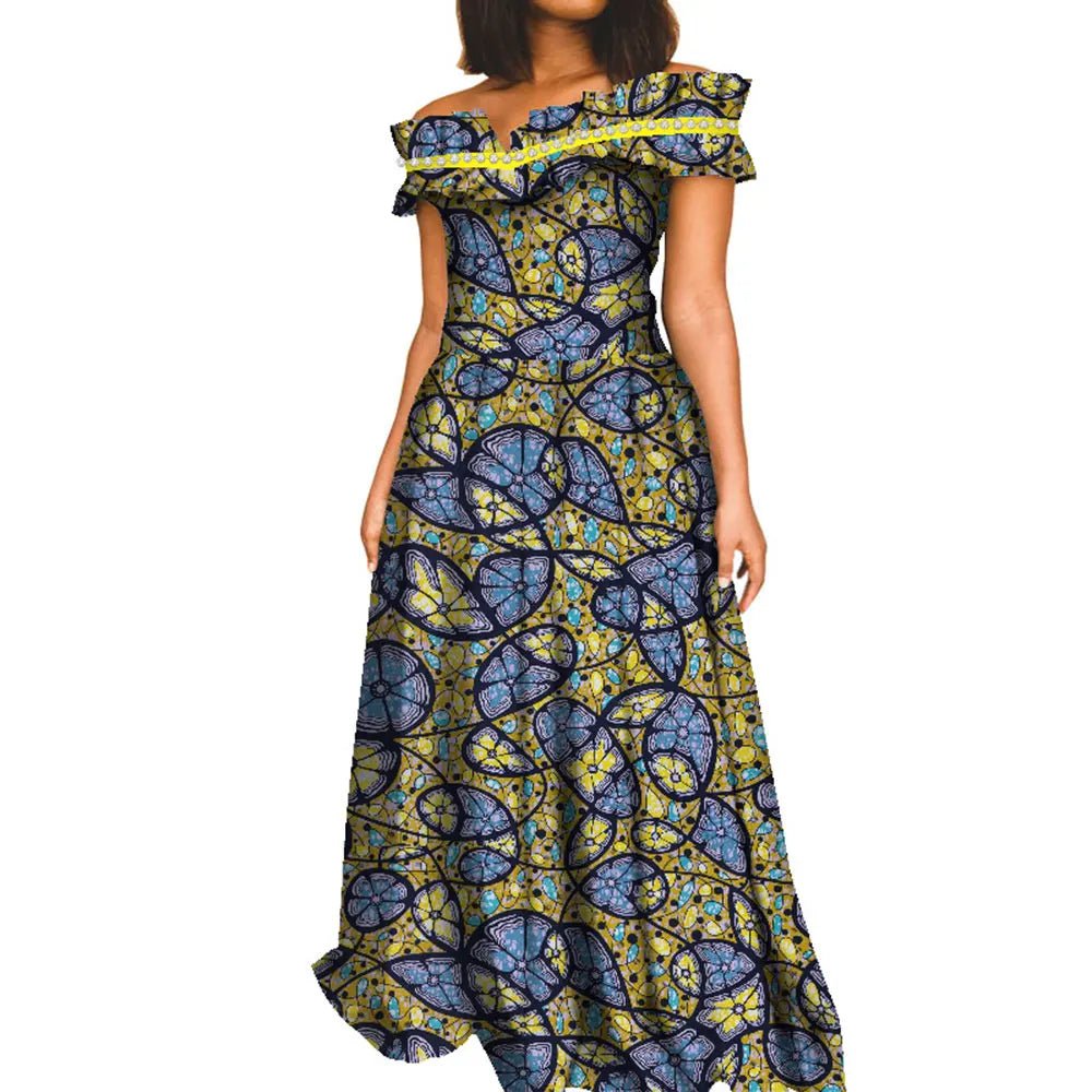 Elegant African Maxi Dress for Women – Slash Neck Print Long Dashiki Gown - Free Delivery Worldwide only at Flexi Africa