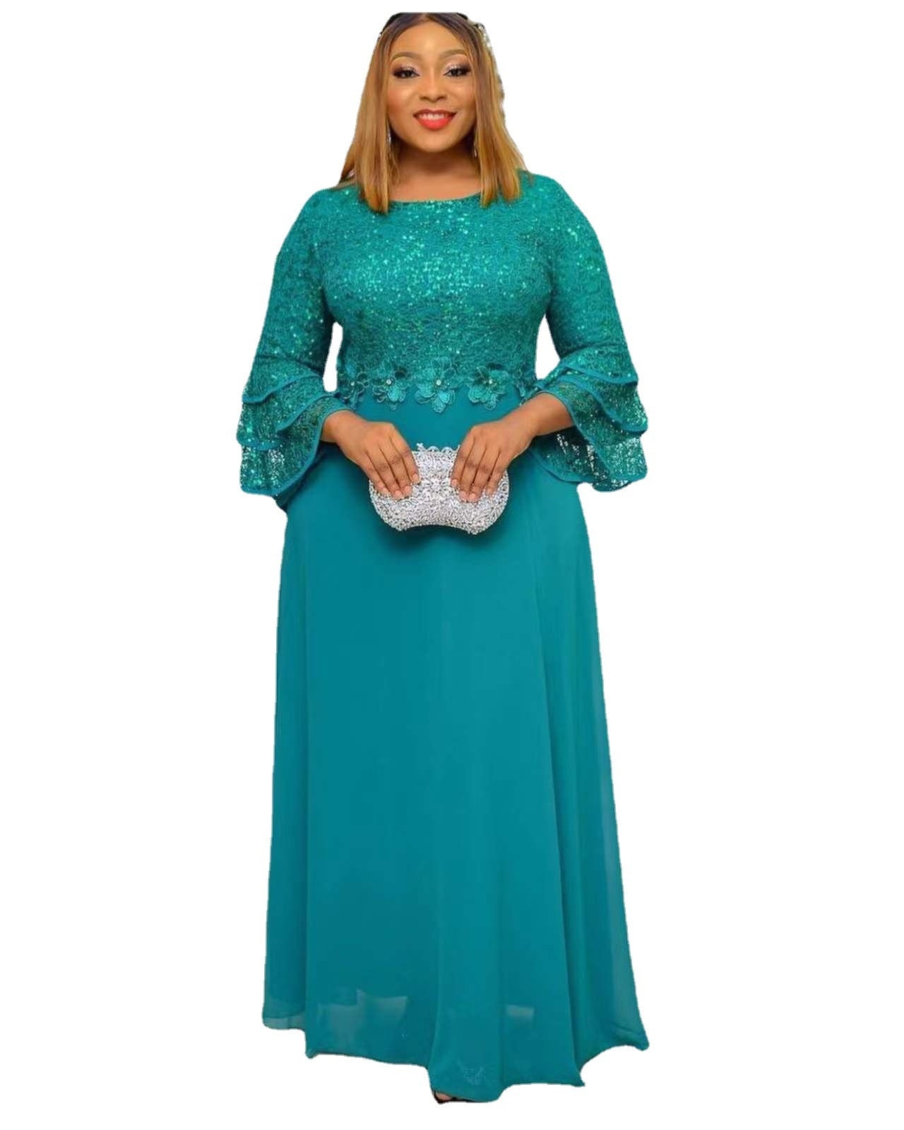 Elegant African Maxi Dress: Three-Quarter Sleeves, Solid Colors, and Flowing Polyester Fabric - Flexi Africa - Free Delivery