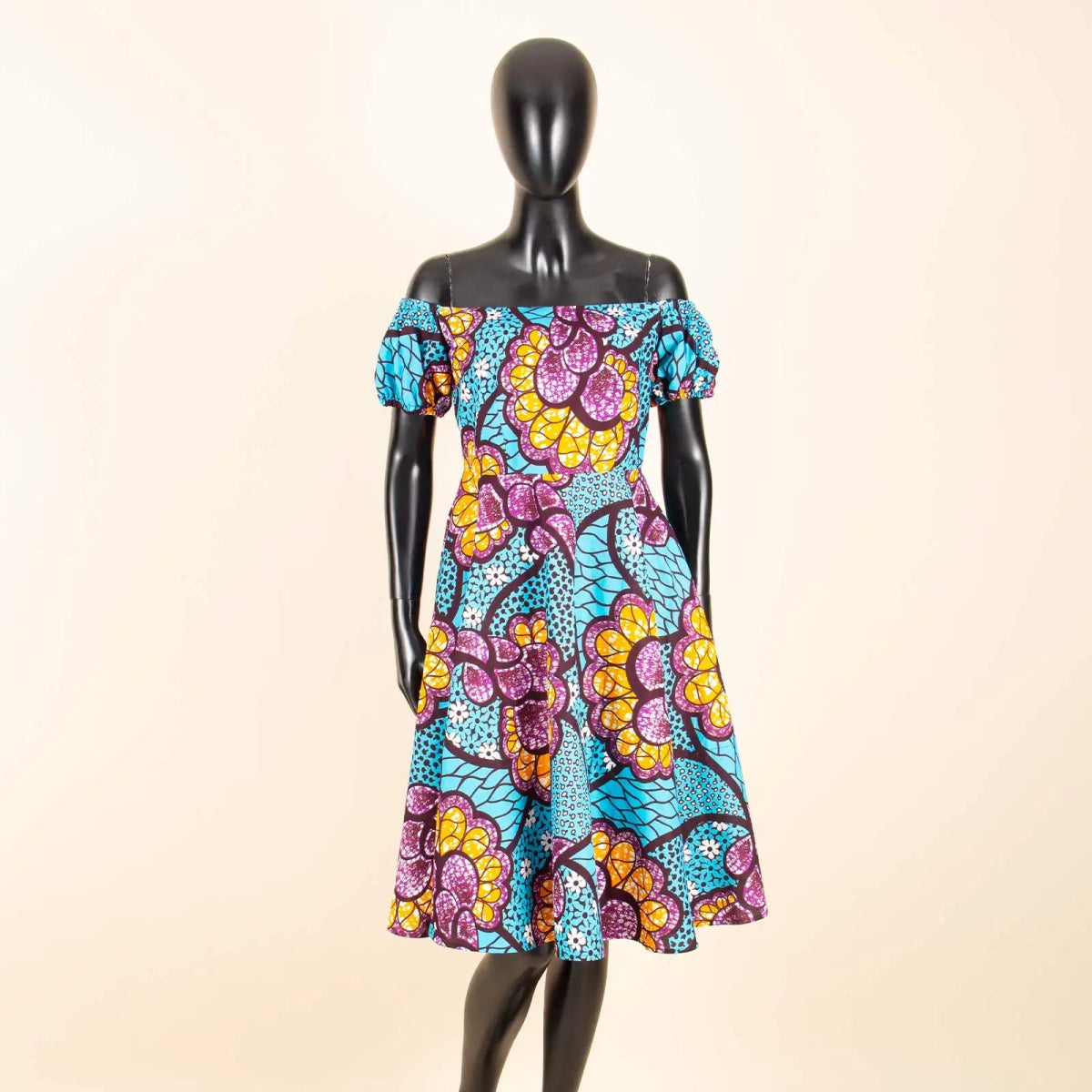 Elegant African Midi Dress – High - Waist Ankara Fashion Wear with Short Sleeves - Free Delivery Worldwide only at Flexi Africa