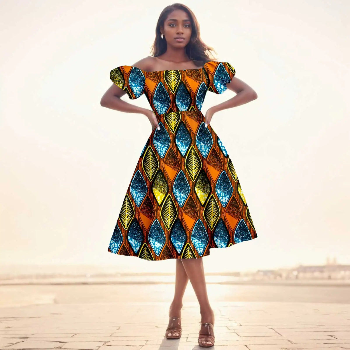 Elegant African Midi Dress – High - Waist Ankara Fashion Wear with Short Sleeves - Free Delivery Worldwide only at Flexi Africa