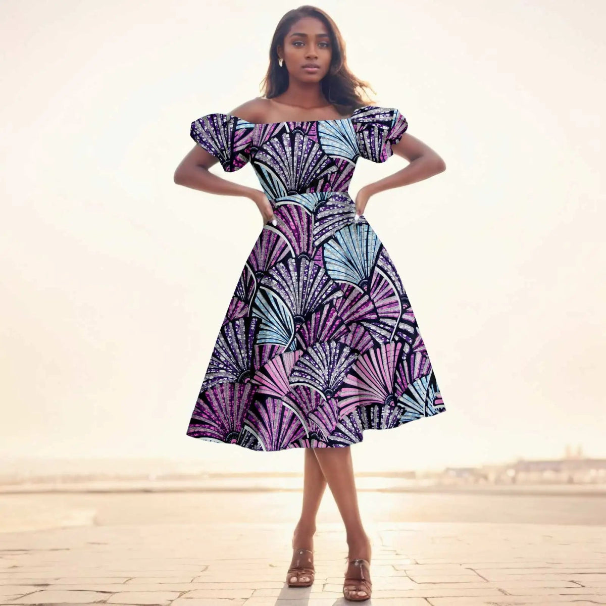 Elegant African Midi Dress – High - Waist Ankara Fashion Wear with Short Sleeves - Free Delivery Worldwide only at Flexi Africa