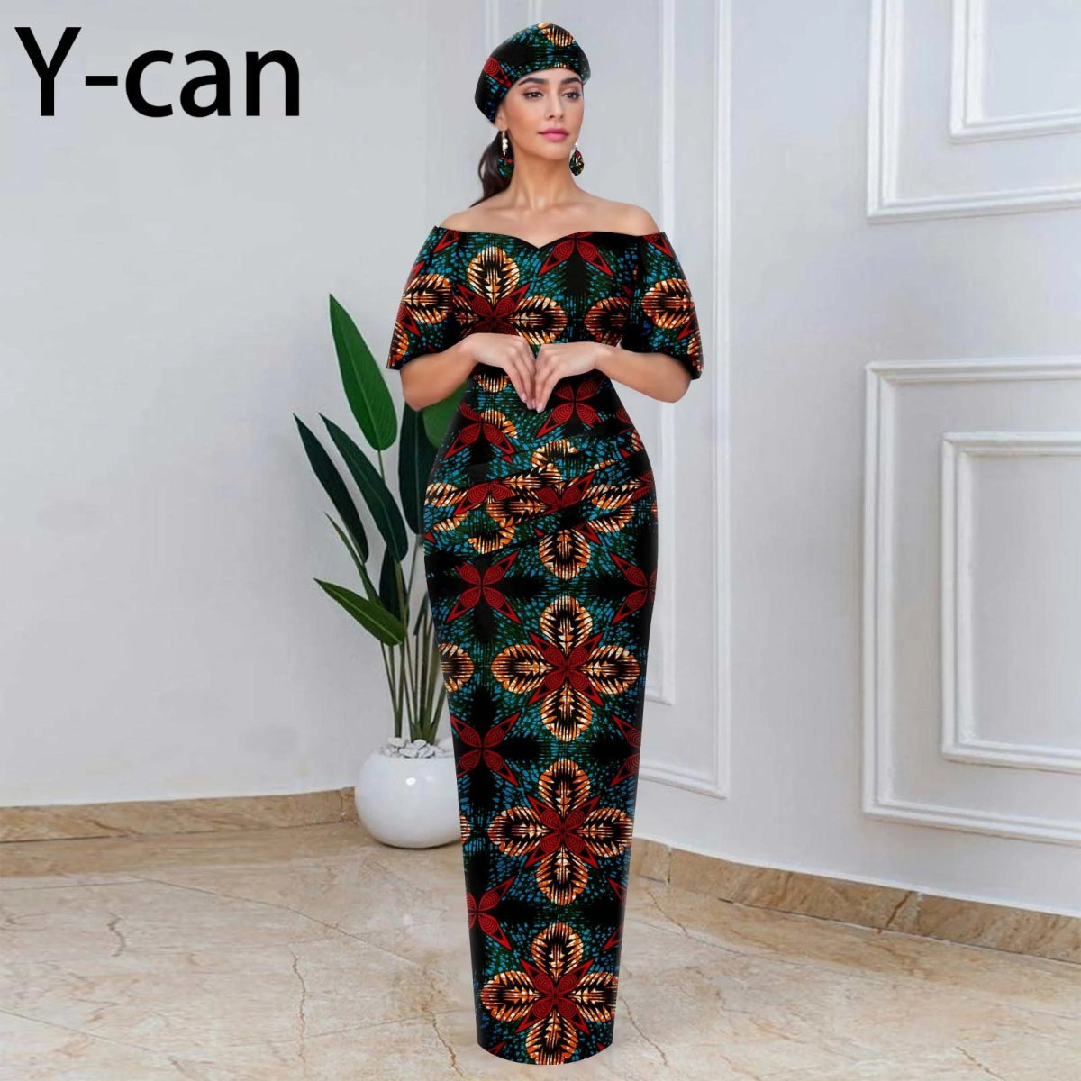Elegant African Off - Shoulder Maxi Dress with Matching Headscarf & Earrings - Free Delivery Worldwide only at Flexi Africa
