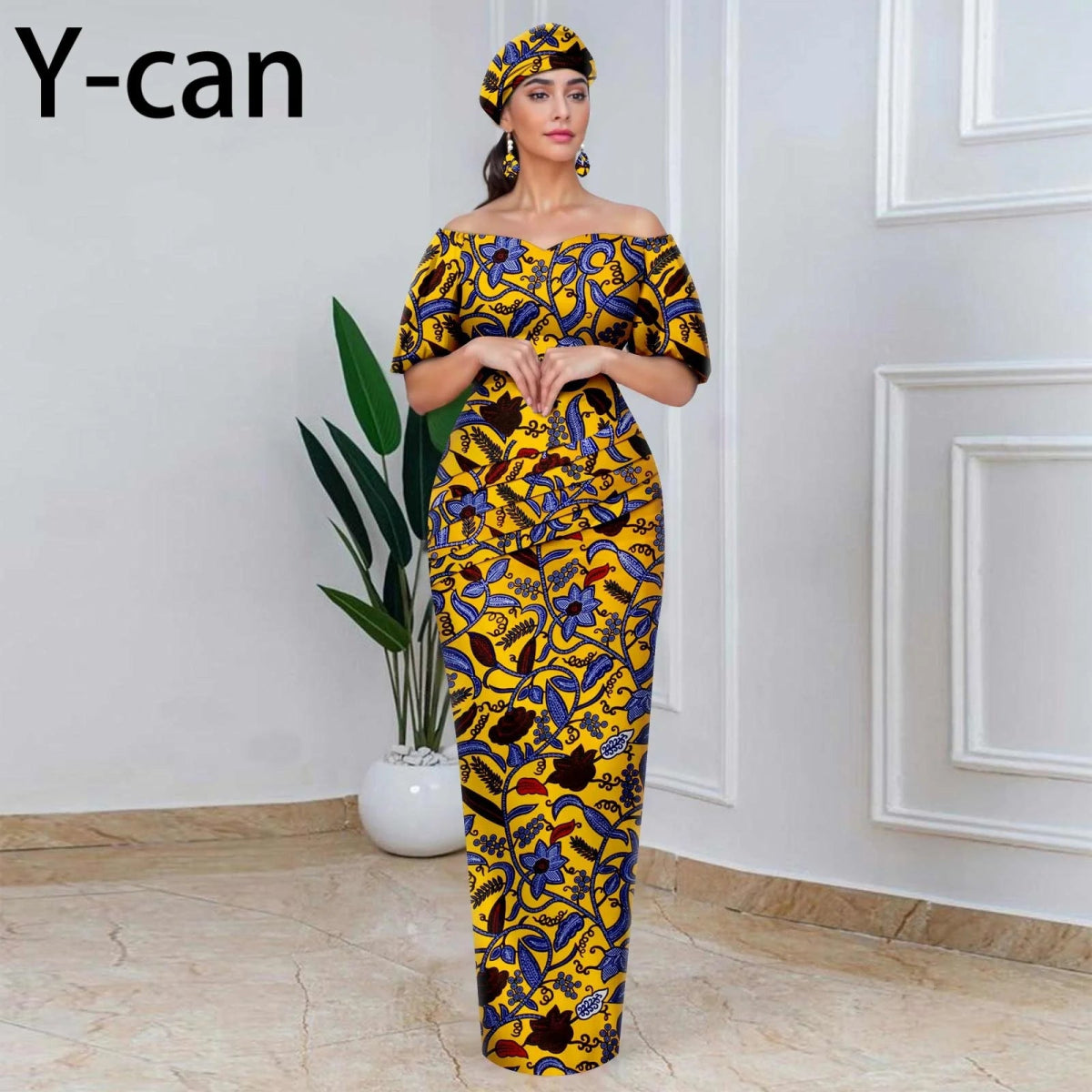 Elegant African Off - Shoulder Maxi Dress with Matching Headscarf & Earrings - Free Delivery Worldwide only at Flexi Africa