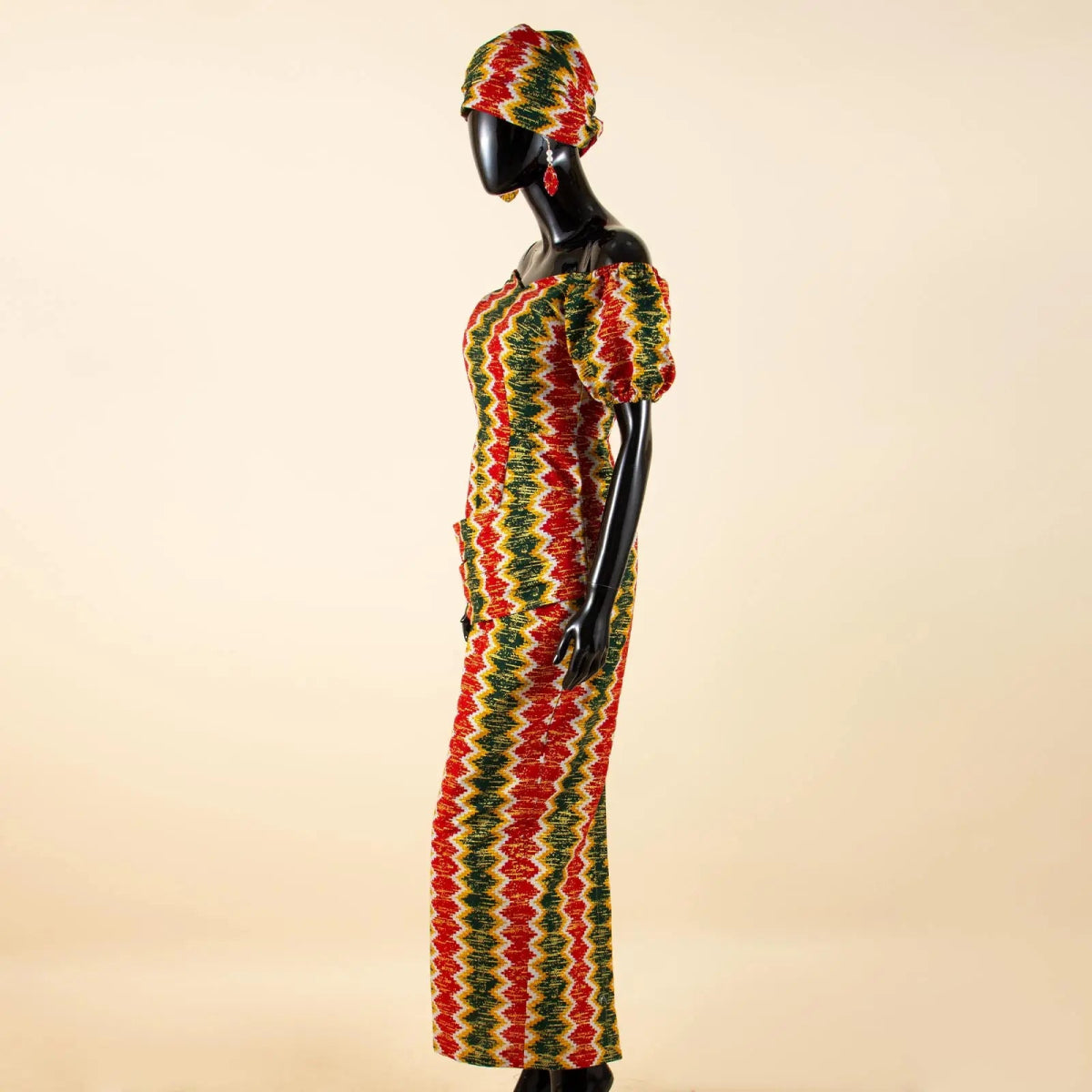 Elegant African Off - Shoulder Maxi Dress with Matching Headscarf & Earrings - Free Delivery Worldwide only at Flexi Africa