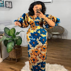 Elegant African Print Dresses for Women - V - Neck, Short Lantern Sleeve, High Waist Party and Wedding Gowns - Free Delivery Worldwide only at Flexi Africa