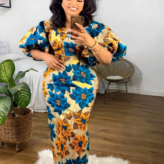 Elegant African Print Dresses for Women - V - Neck, Short Lantern Sleeve, High Waist Party and Wedding Gowns - Free Delivery Worldwide only at Flexi Africa