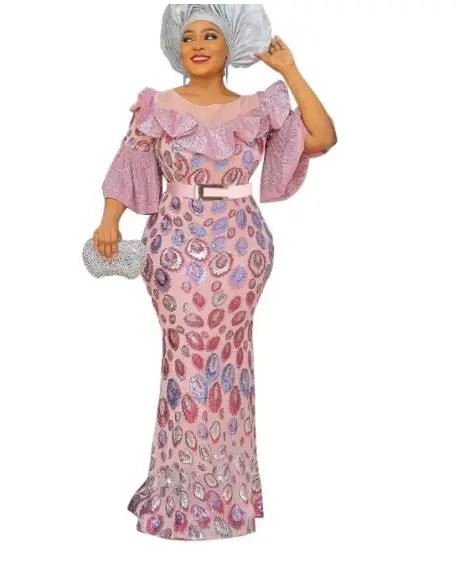 Elegant African Sequined O-Neck Maxi Dress: Stylish Polyester Long Dress - Flexi Africa - www.flexiafrica.com - FREE POST