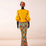Elegant African Skirt Set – Lantern Sleeve Ruffled Top, Slim Skirt & Matching Headwrap - Free Delivery Worldwide only at Flexi Africa