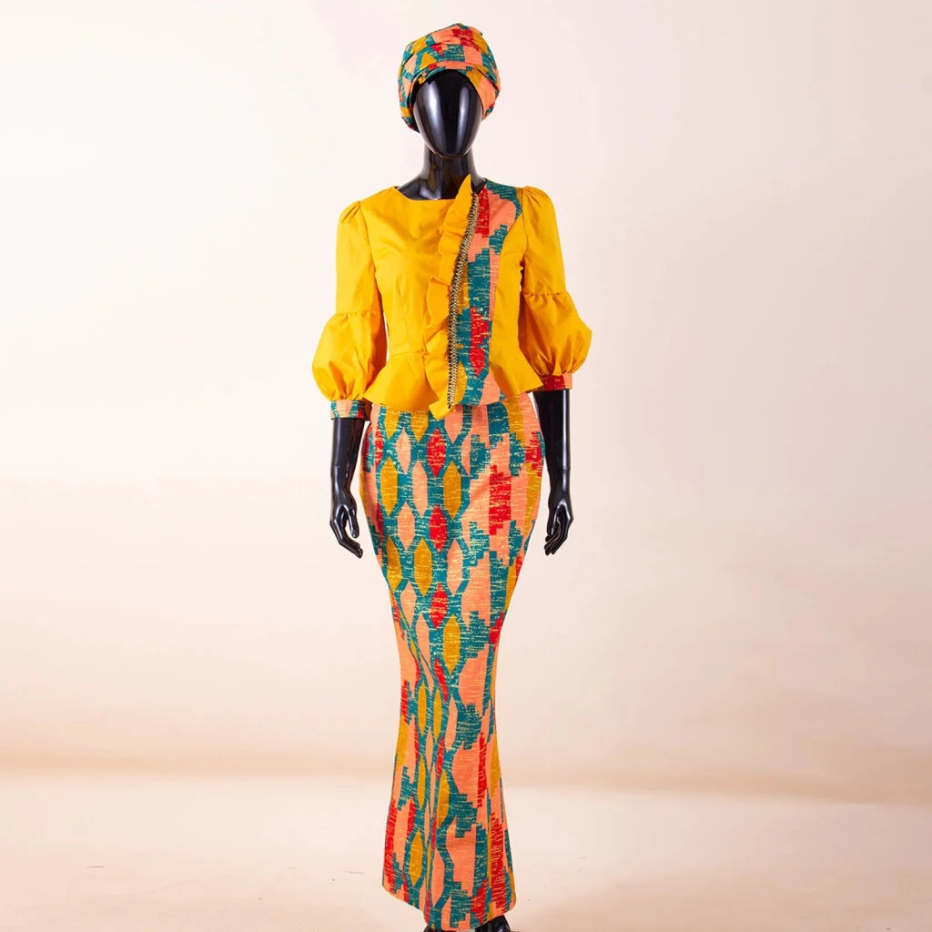 Elegant African Skirt Set – Lantern Sleeve Ruffled Top, Slim Skirt & Matching Headwrap - Free Delivery Worldwide only at Flexi Africa