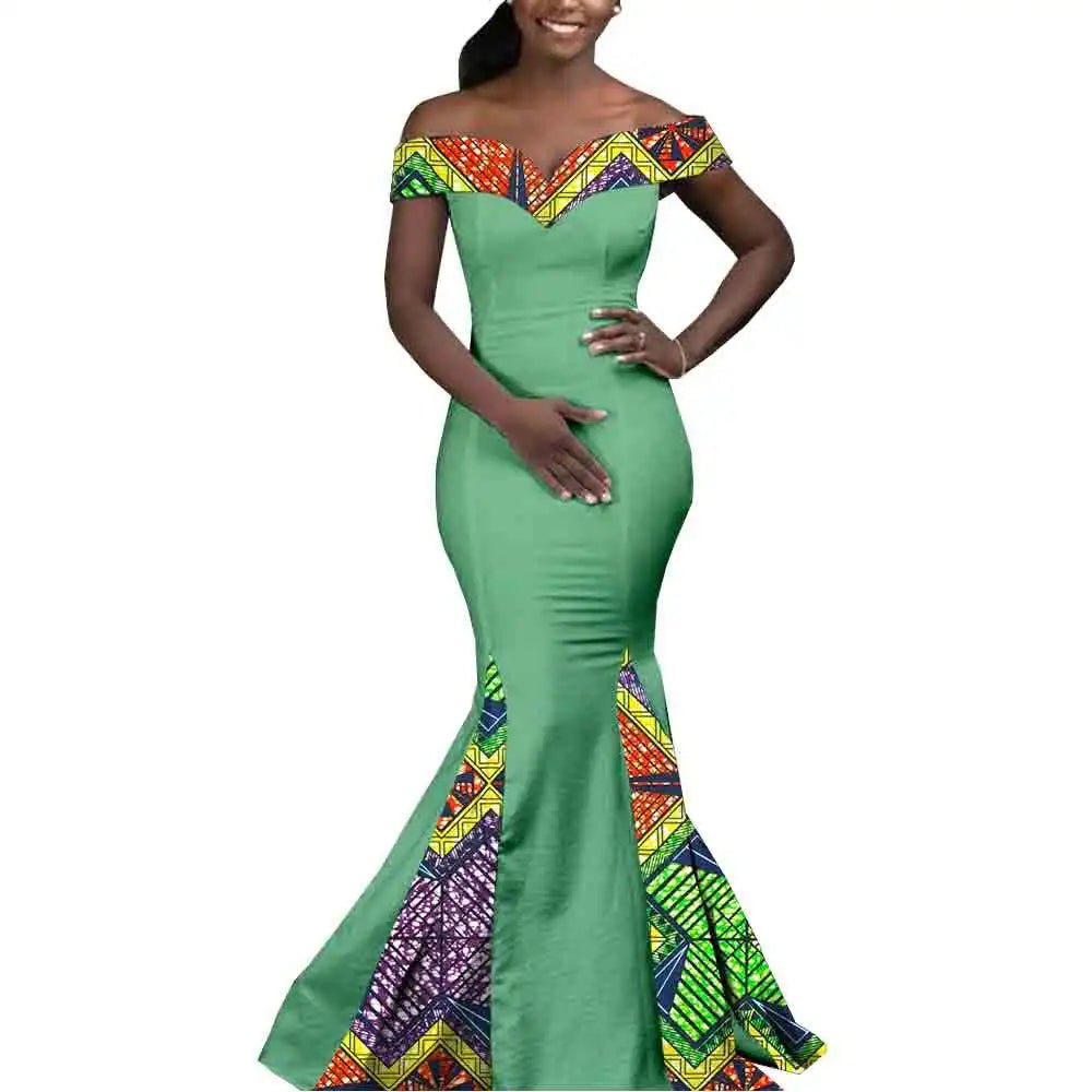 Elegant African Wedding Couple Outfits – Women's Slim Fit Mermaid Dress & Men's Bazin Riche Jacket Pant Set with Hat - Free Delivery Worldwide only at Flexi Africa