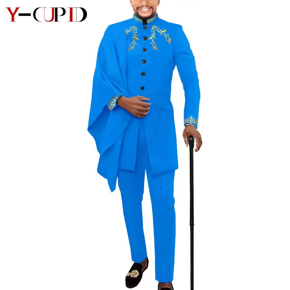 Elegant African Wedding Couple Outfits – Women's Slim Fit Mermaid Dress & Men's Bazin Riche Jacket Pant Set with Hat - Free Delivery Worldwide only at Flexi Africa