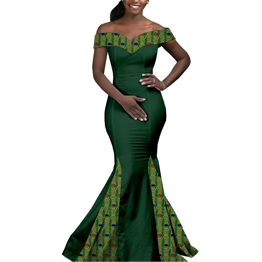 Elegant African Wedding Couple Outfits – Women's Slim Fit Mermaid Dress & Men's Bazin Riche Jacket Pant Set with Hat - Free Delivery Worldwide only at Flexi Africa