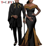 Elegant African Wedding Couple Outfits – Women's Slim Fit Mermaid Dress & Men's Bazin Riche Jacket Pant Set with Hat - Free Delivery Worldwide only at Flexi Africa