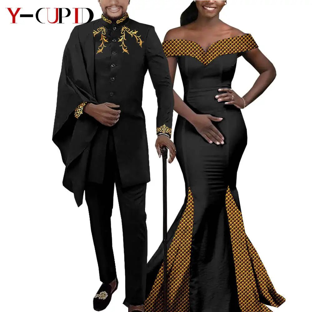 Elegant African Wedding Couple Outfits – Women's Slim Fit Mermaid Dress & Men's Bazin Riche Jacket Pant Set with Hat - Free Delivery Worldwide only at Flexi Africa