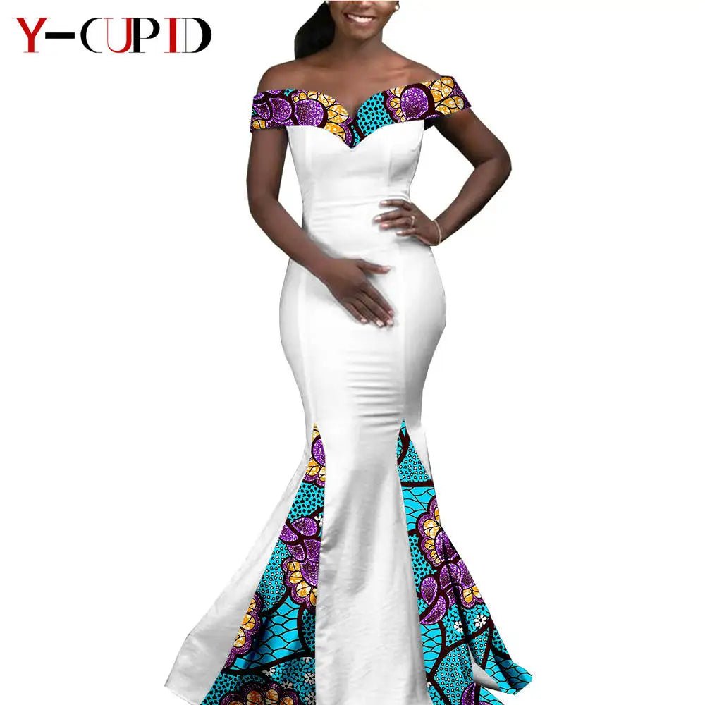 Elegant African Wedding Couple Outfits – Women's Slim Fit Mermaid Dress & Men's Bazin Riche Jacket Pant Set with Hat - Free Delivery Worldwide only at Flexi Africa