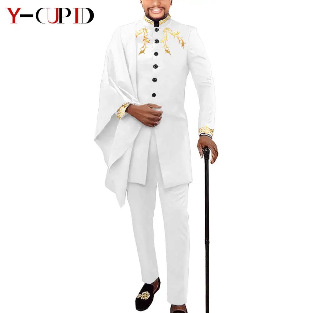 Elegant African Wedding Couple Outfits – Women's Slim Fit Mermaid Dress & Men's Bazin Riche Jacket Pant Set with Hat - Free Delivery Worldwide only at Flexi Africa