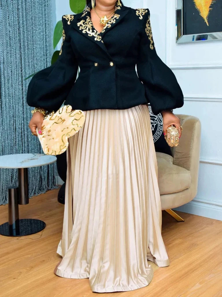 Elegant African Women’s 2PC Set – Long Sleeve Top & Pleated Skirt Party - Free Delivery Worldwide only at Flexi Africa