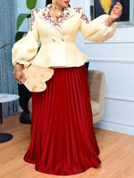 Elegant African Women’s 2PC Set – Long Sleeve Top & Pleated Skirt Party - Free Delivery Worldwide only at Flexi Africa