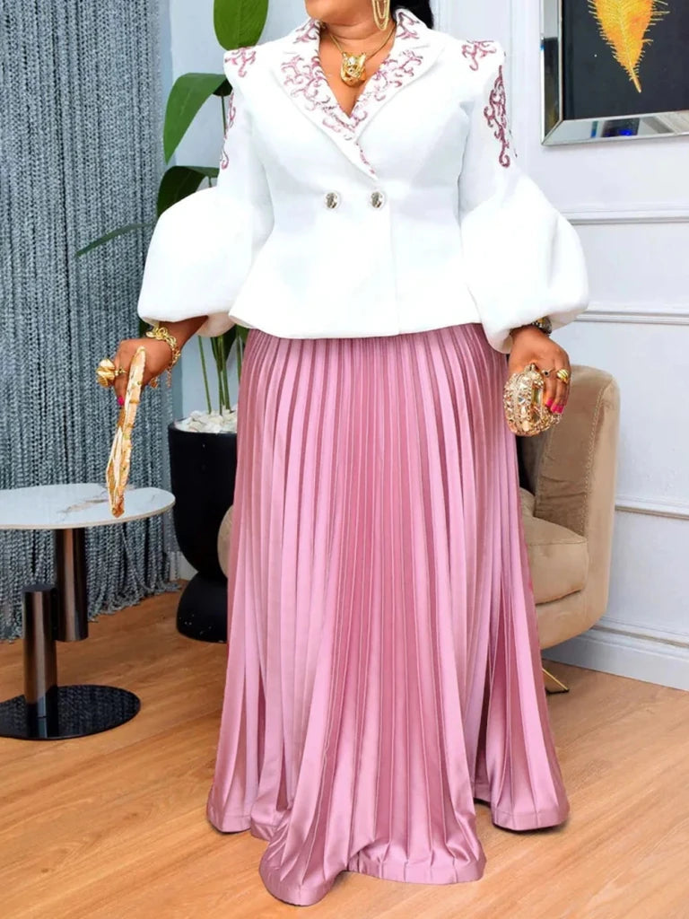 Elegant African Women’s 2PC Set – Long Sleeve Top & Pleated Skirt Party - Free Delivery Worldwide only at Flexi Africa