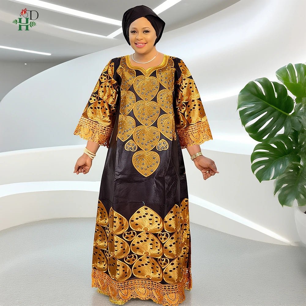 Elegant African Women’s Bazin Riche Dress – Embroidered Plus Size Wedding Boubou Kaftan Gown - Free Delivery Worldwide only at Flexi Africa