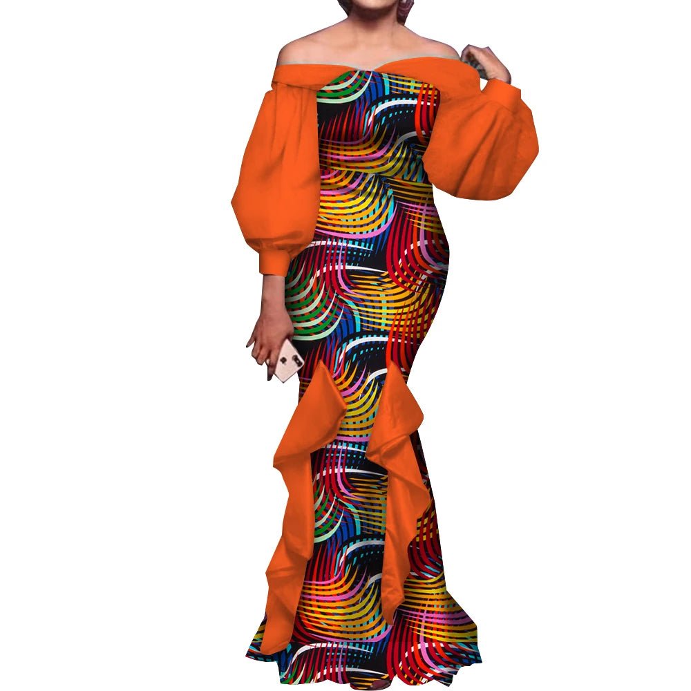 Elegant Ankara Mermaid Dress for Women – Puff Sleeve Long Evening Gown - Free Delivery Worldwide only at Flexi Africa