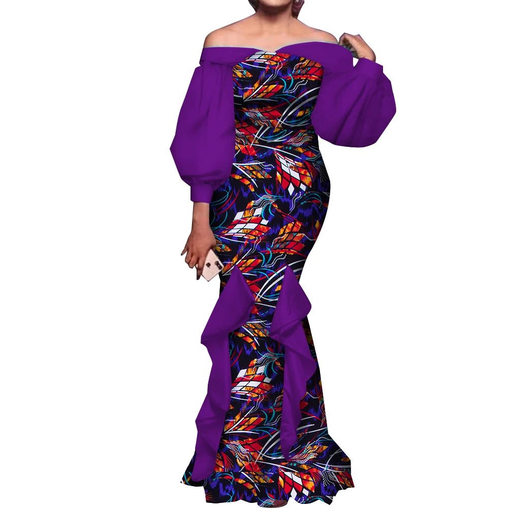 Elegant Ankara Mermaid Dress for Women – Puff Sleeve Long Evening Gown - Free Delivery Worldwide only at Flexi Africa