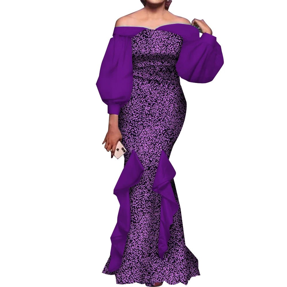 Elegant Ankara Mermaid Dress for Women – Puff Sleeve Long Evening Gown - Free Delivery Worldwide only at Flexi Africa