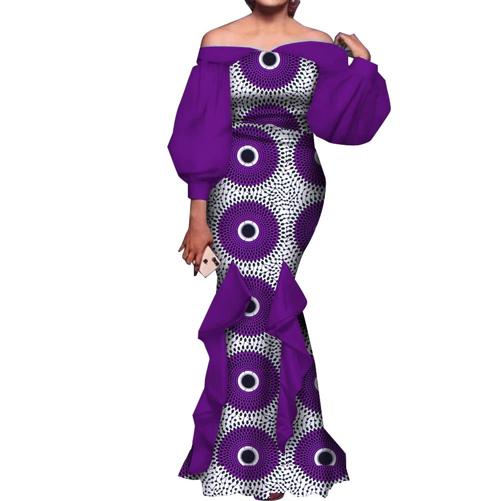Elegant Ankara Mermaid Dress for Women – Puff Sleeve Long Evening Gown - Free Delivery Worldwide only at Flexi Africa