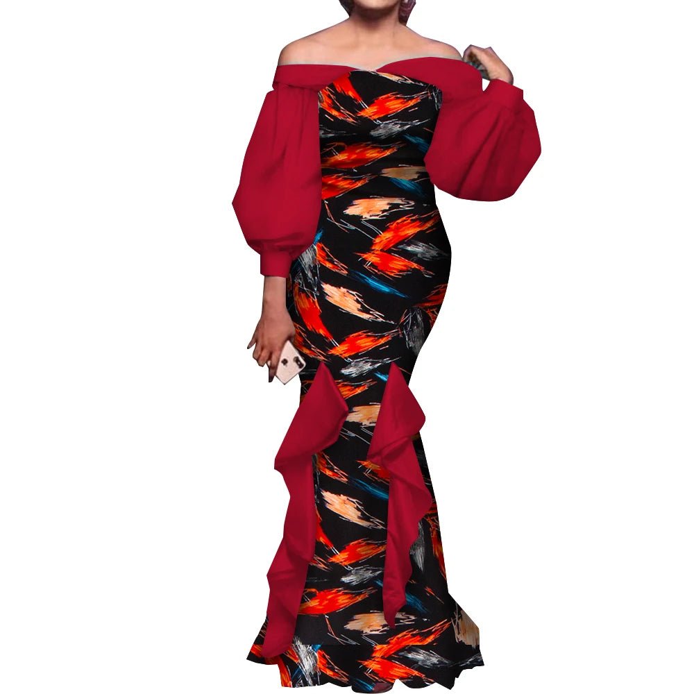 Elegant Ankara Mermaid Dress for Women – Puff Sleeve Long Evening Gown - Free Delivery Worldwide only at Flexi Africa