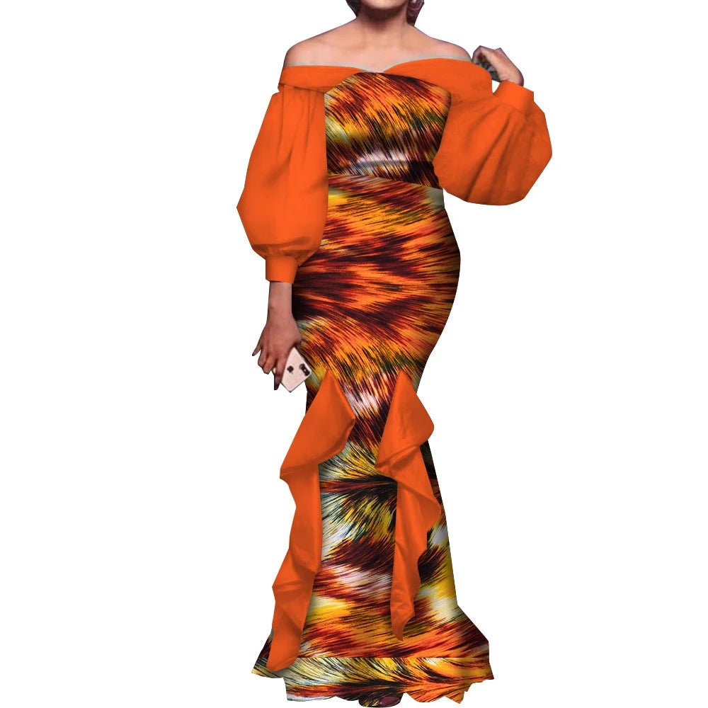 Elegant Ankara Mermaid Dress for Women – Puff Sleeve Long Evening Gown - Free Delivery Worldwide only at Flexi Africa