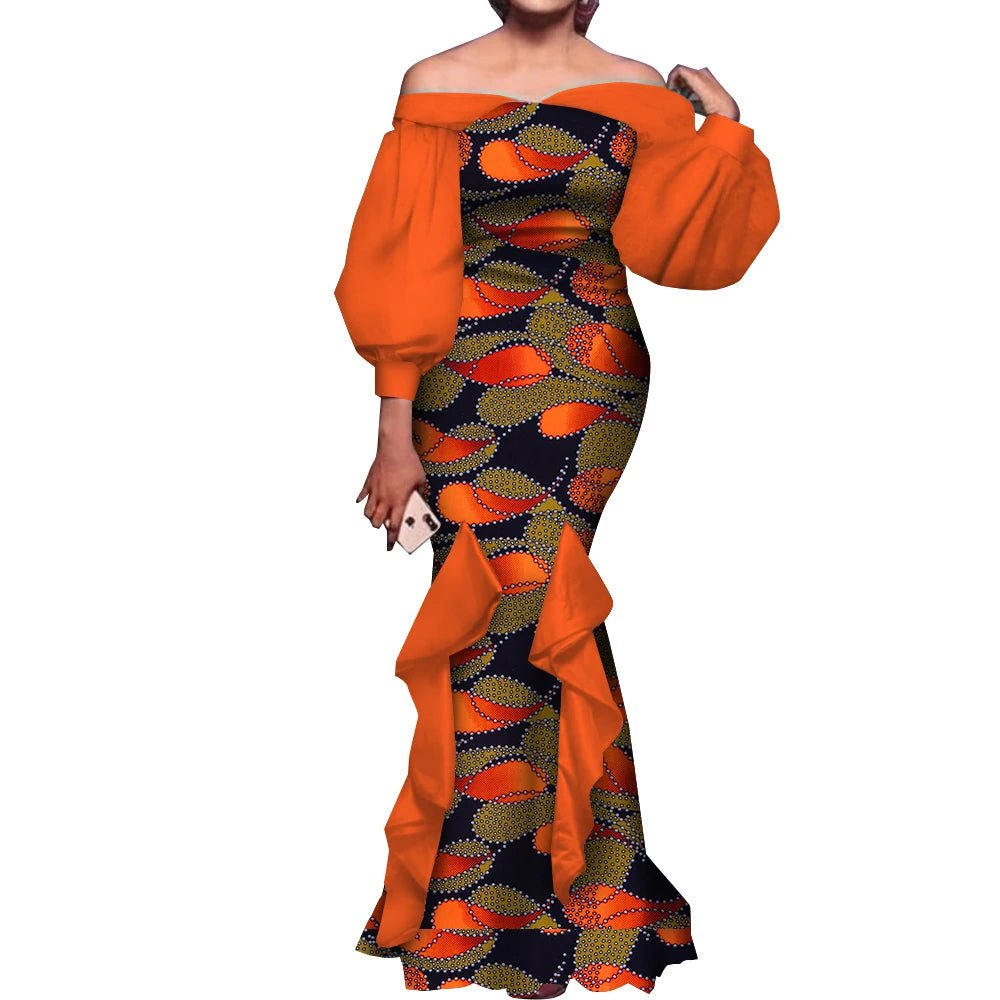 Elegant Ankara Mermaid Dress for Women – Puff Sleeve Long Evening Gown - Free Delivery Worldwide only at Flexi Africa