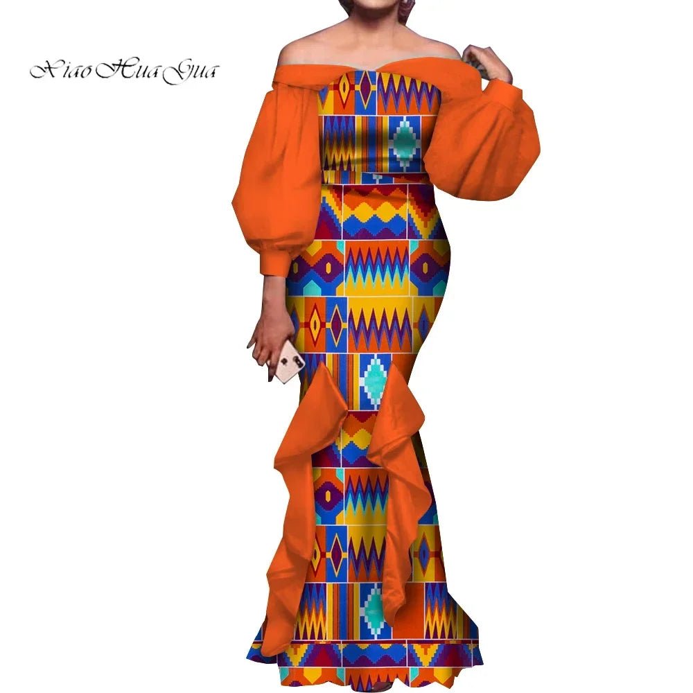 Elegant Ankara Mermaid Dress for Women – Puff Sleeve Long Evening Gown - Free Delivery Worldwide only at Flexi Africa