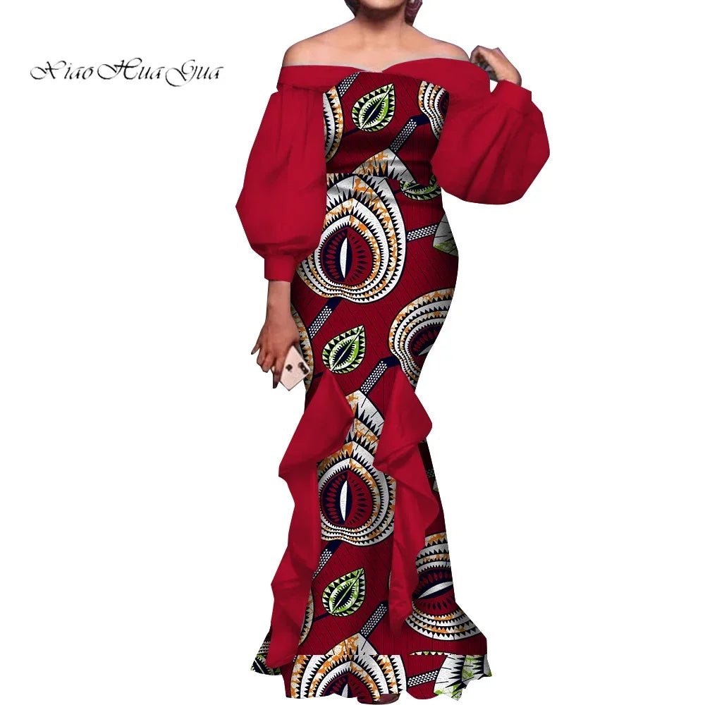 Elegant Ankara Mermaid Dress for Women – Puff Sleeve Long Evening Gown - Free Delivery Worldwide only at Flexi Africa