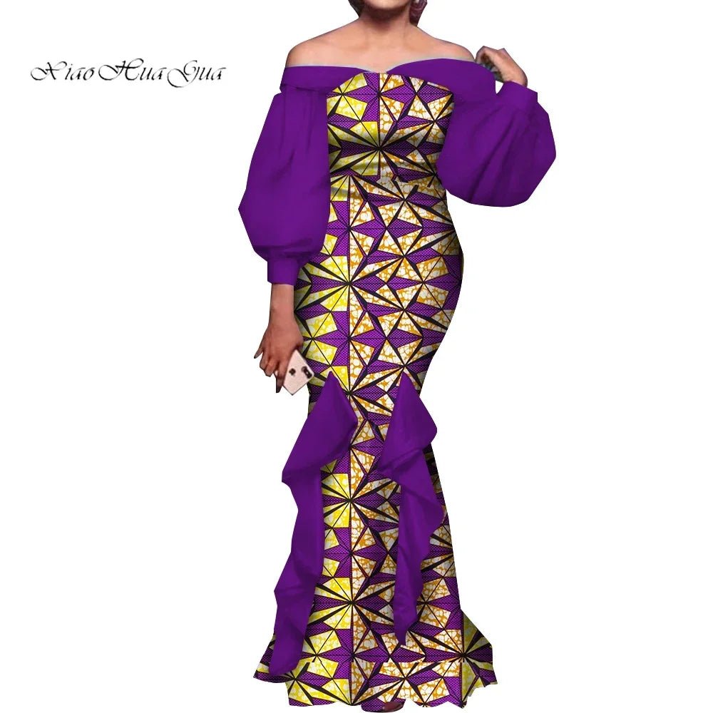 Elegant Ankara Mermaid Dress for Women – Puff Sleeve Long Evening Gown - Free Delivery Worldwide only at Flexi Africa