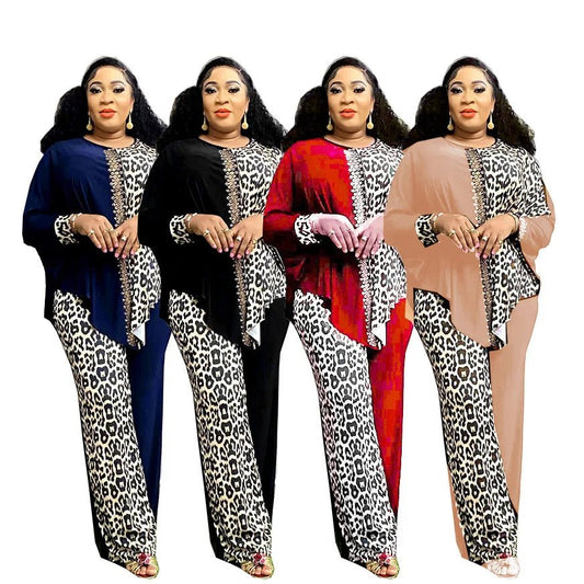 Elegant Autumn Matching Set: Long Sleeve O - neck Top and Pants for Plus Size Women - Free Delivery Worldwide only at Flexi Africa