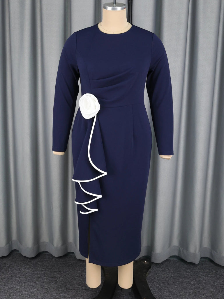 Elegant Colorblock Bodycon Church Dress — O‑Neck, Long Sleeve, 3D Flower Tiered Ruffles - Free Delivery Worldwide only at Flexi Africa