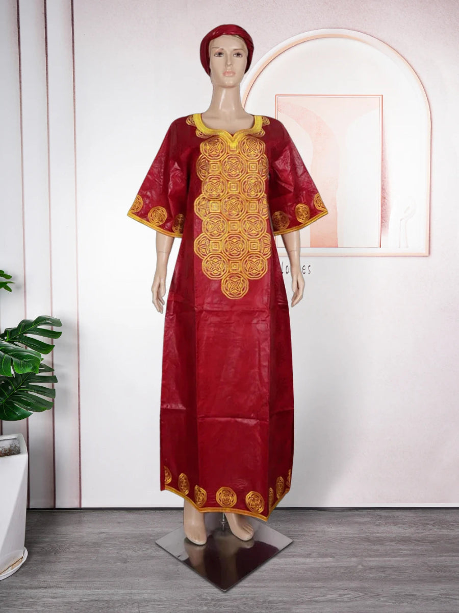 Elegant Embroidered African Bazin Dress for Women - Free Delivery Worldwide only at Flexi Africa