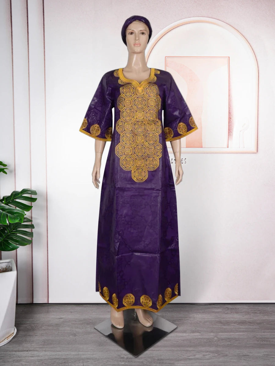 Elegant Embroidered African Bazin Dress for Women - Free Delivery Worldwide only at Flexi Africa