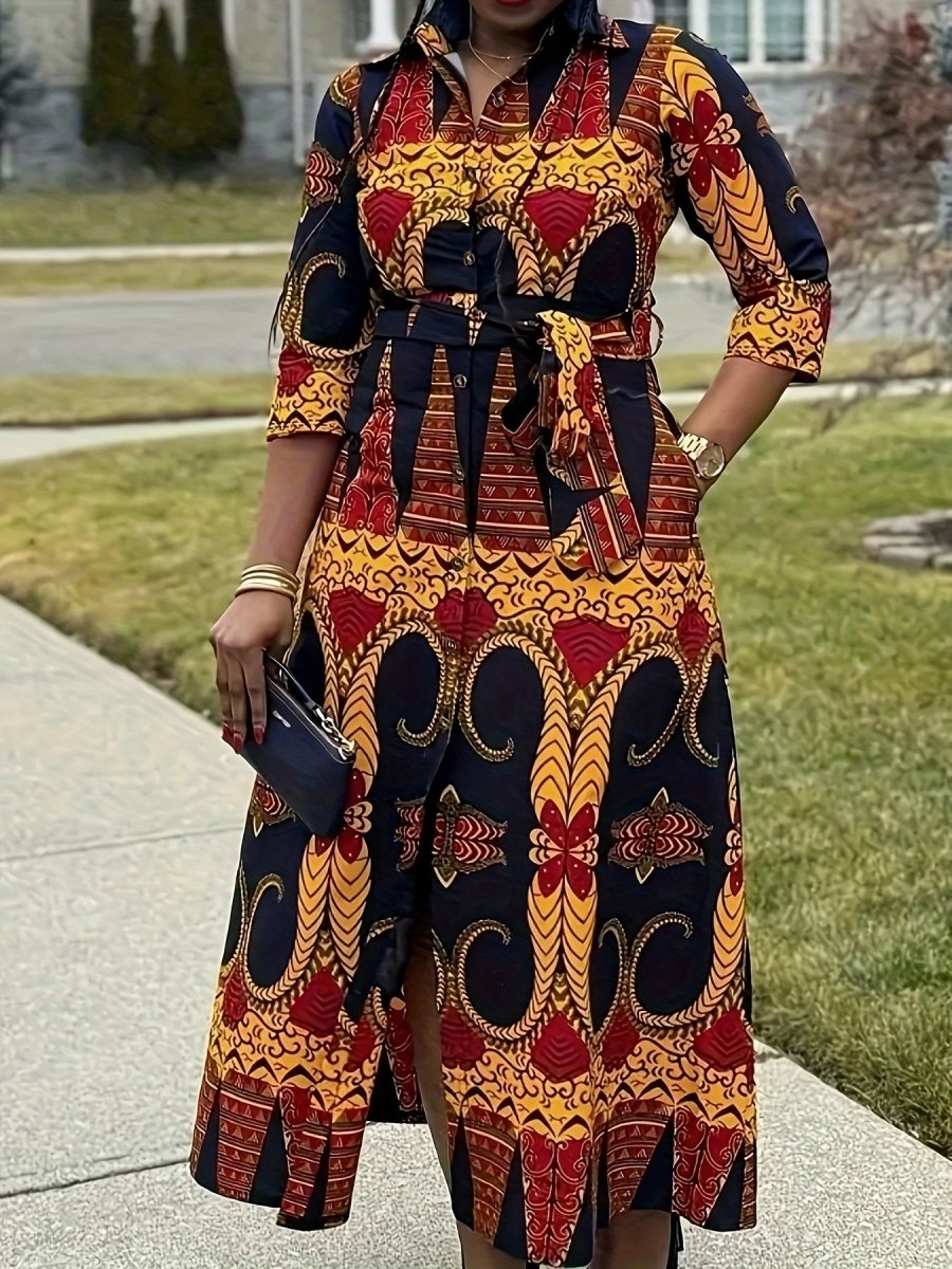 Elegant Geometric Print Midi Dress with Belt - Casual Chic, Button - Up Collar, Non - Stretch Polyester Fabric, Machine Washable - Free Delivery Worldwide only at Flexi Africa