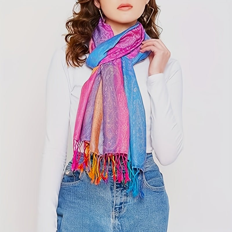 Elegant Jacquard Satin Paisley Scarf: Boho Rainbow Gradient Tassel Shawl - Trendy Windproof Warm Wrap - Free Delivery