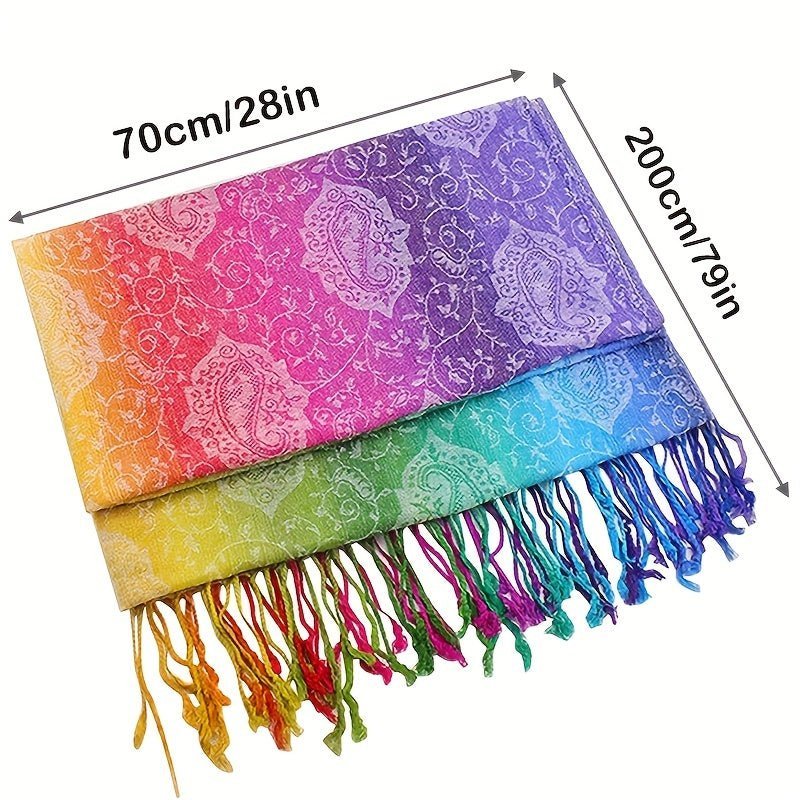 Elegant Jacquard Satin Paisley Scarf: Boho Rainbow Gradient Tassel Shawl - Trendy Windproof Warm Wrap - Free Delivery