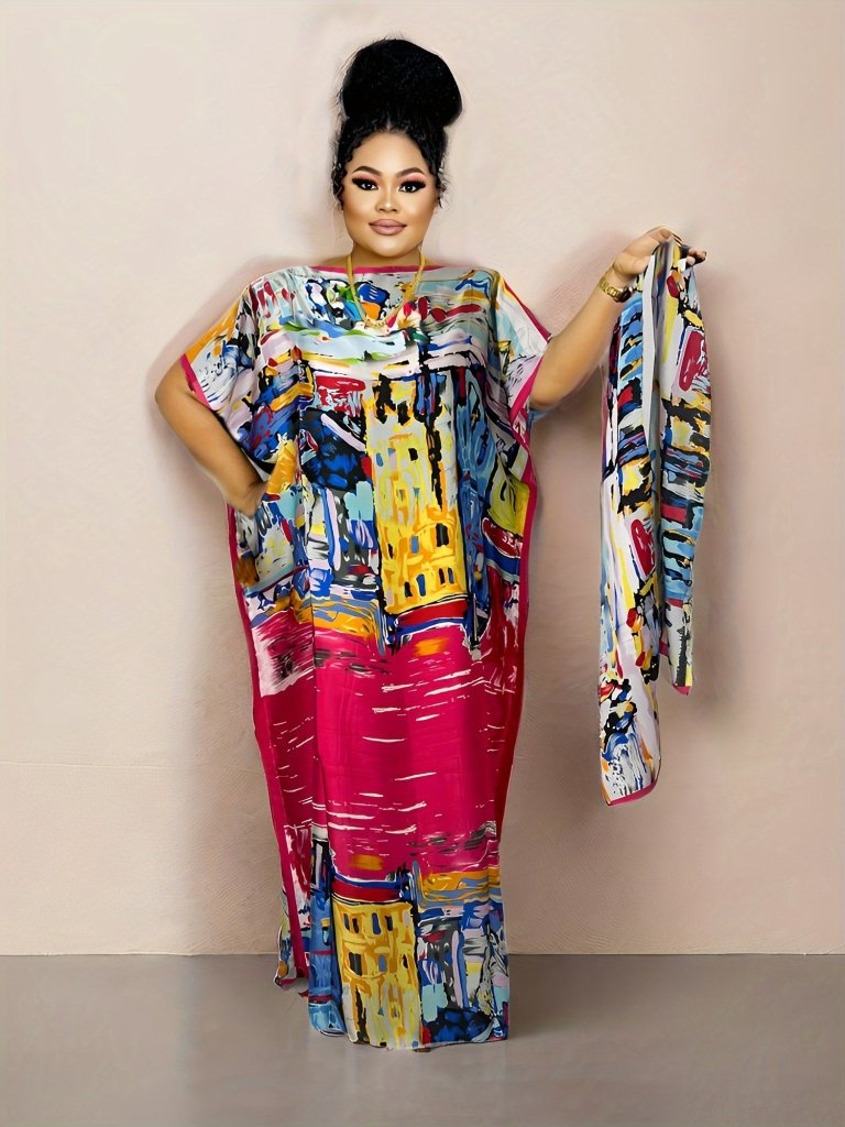 Elegant Plus Size Abstract Kaftan Maxi Dress – Flowy Batwing Sleeves & Timeless Chic - Free Delivery Worldwide only at Flexi Africa