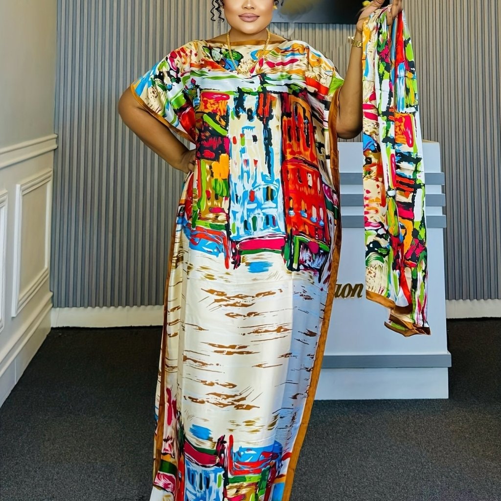 Elegant Plus Size Abstract Kaftan Maxi Dress – Flowy Batwing Sleeves & Timeless Chic - Free Delivery Worldwide only at Flexi Africa