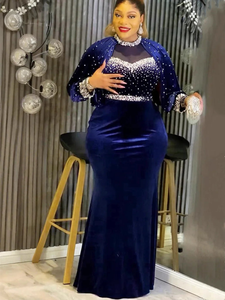 Elegant African Ankara Maxi Gown for Plus Size Women Navy Blue / XL Elegant African Ankara Maxi Gown for Plus Size Women Navy Blue / XL