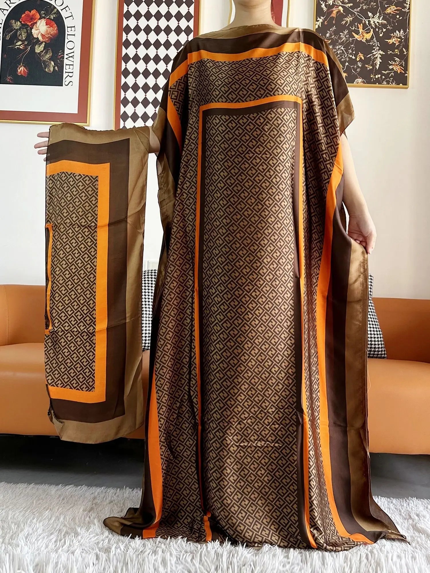 Elegant Printed Silk Abayas: Soft, Loose-Fit Robes with Matching Scarves for Modern Muslim Women's Summer Fashion - Flexi Africa - Flexi Africa offers Free Delivery Worldwide - Vibrant African traditional clothing showcasing bold prints and intricate designs